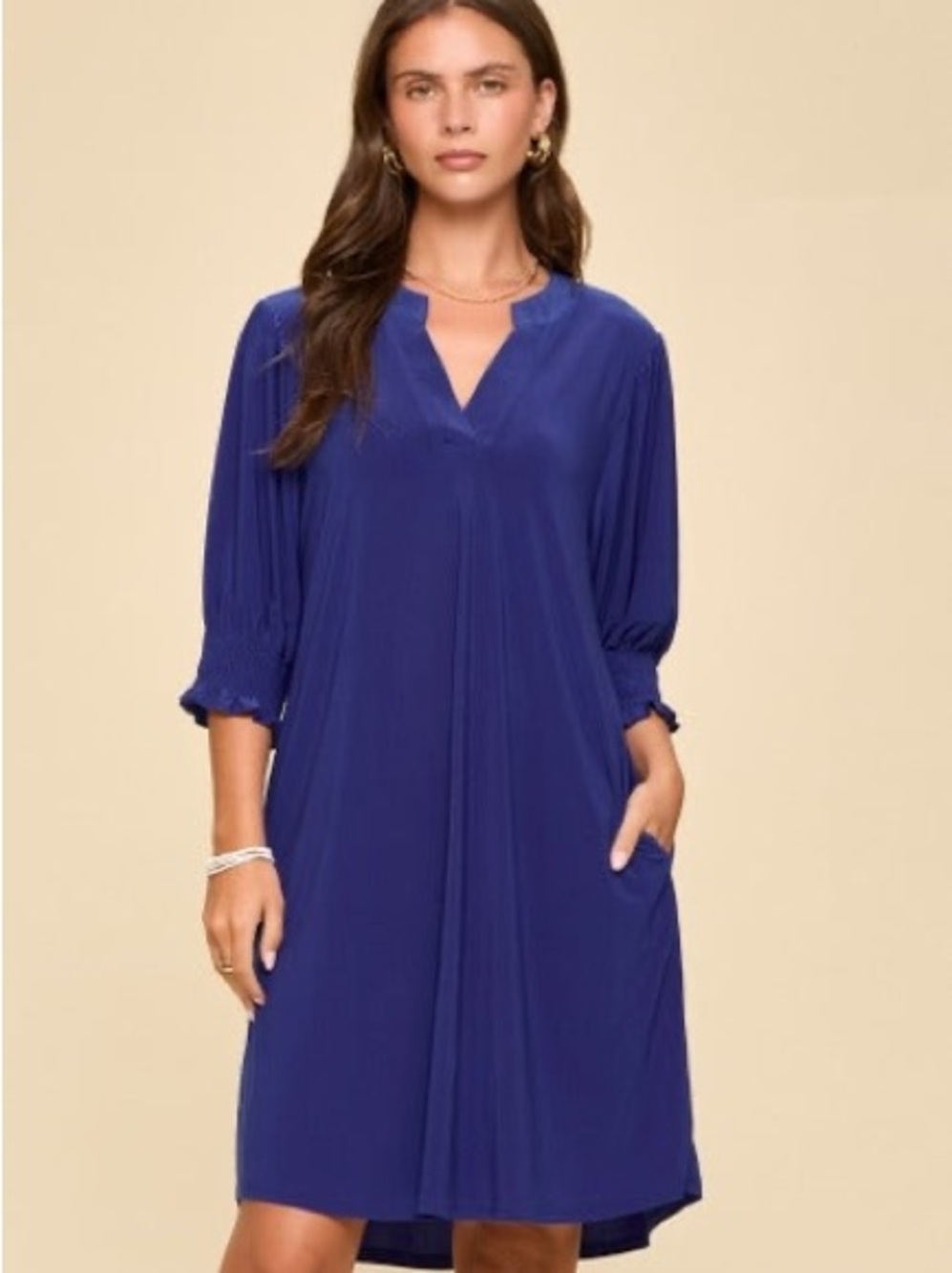 Dear Scarlett Lizzy Blue Smocked Sleeve Dress Wrinkle Free Medium New Nwt